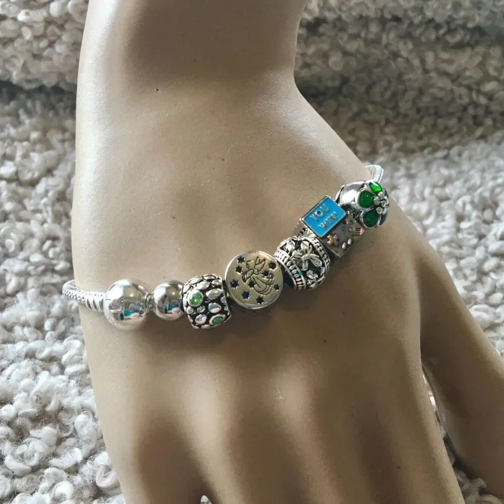 Charm Bracelet Silver Tone DIY European Bead Charms 8.25 Inch Snake Chain